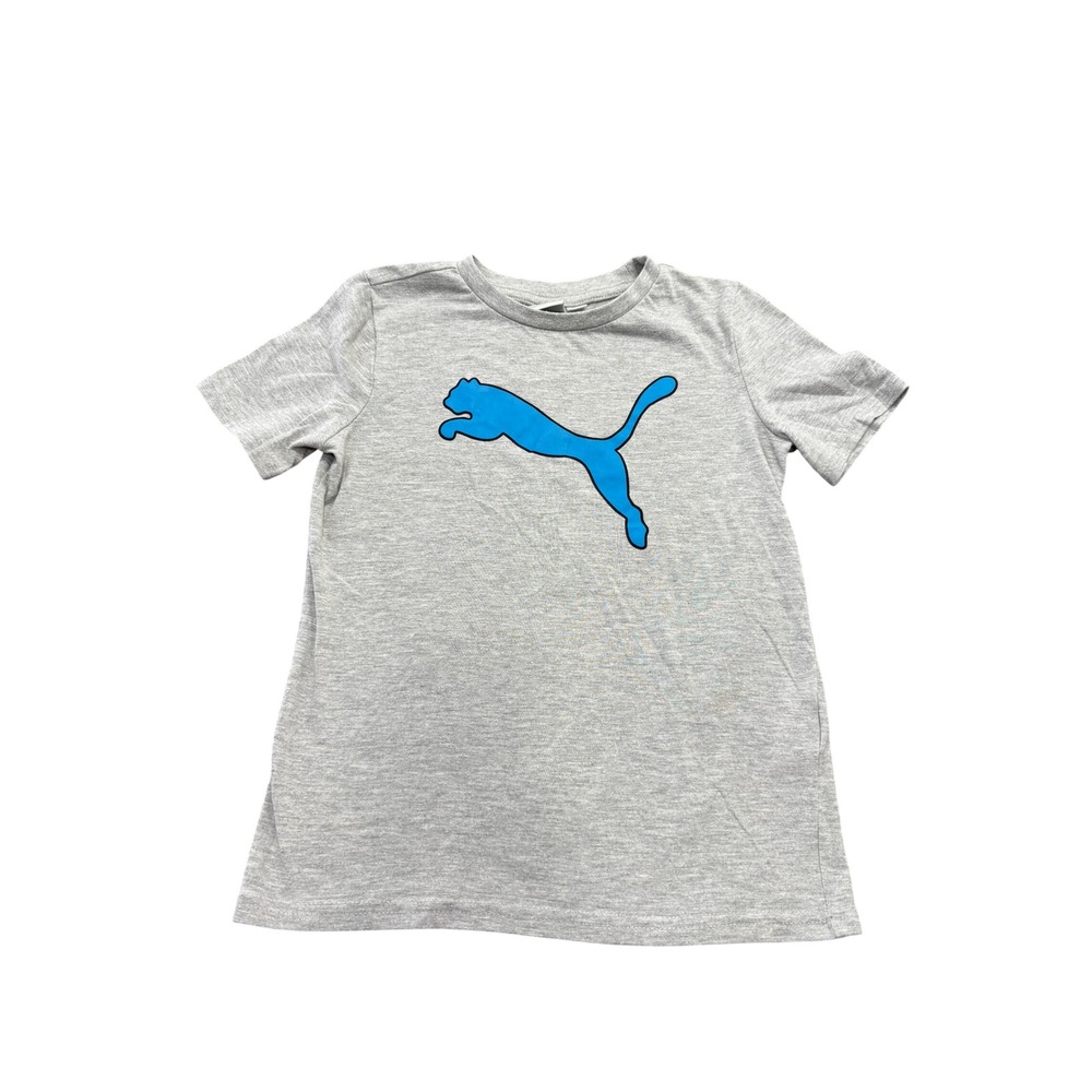 Puma Boys Gray Short Sleeve Graphic T-Shirt Blue Logo Size 7